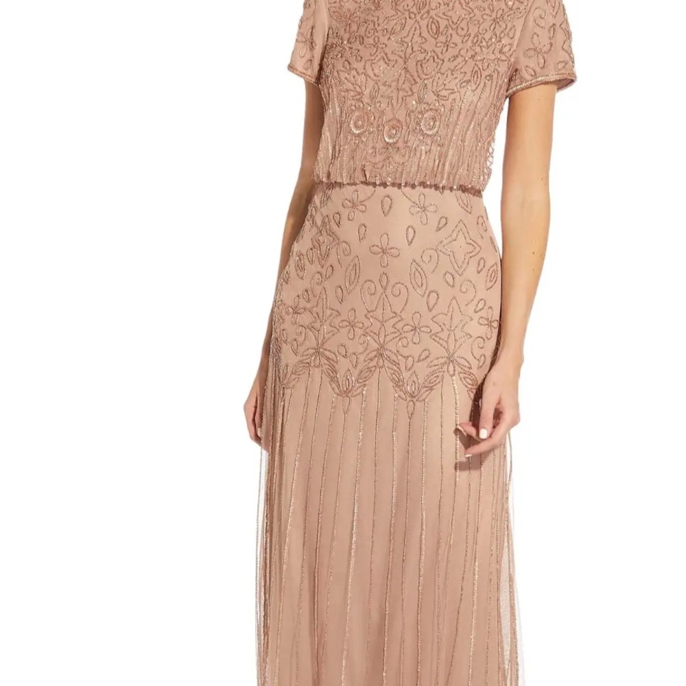 Adrianna Papell Tan Embellished Gown with Flutter Sleeves for Wedding Guest